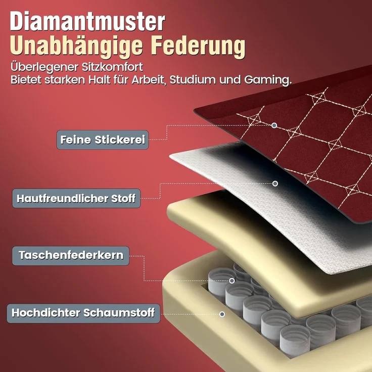 GTPLAYER Gaming Stuhl Stoff Gaming Chair Ergonomisch Bürostuh PC Stuhl, 150kg Belastbarkeit, Verstellbarer und Drehbarer Schreibtischstuh mit Federsitzkissen und Fußstütze, Rot – Bild 5