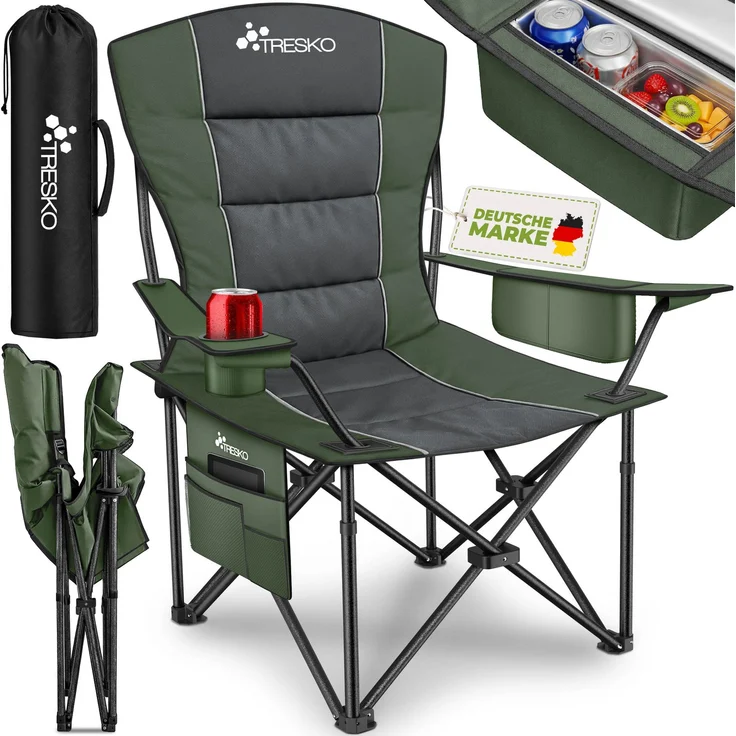TRESKO® Campingstuhl Faltbar bis 200kg | Faltstuhl mit Kühltasche, Getränkehalter & Seitentasche | Klappstuhl XXL inkl. Tragetasche | Angelstuhl gepolstert für Outdoor, Angeln, Festival & Garten – Bild 1