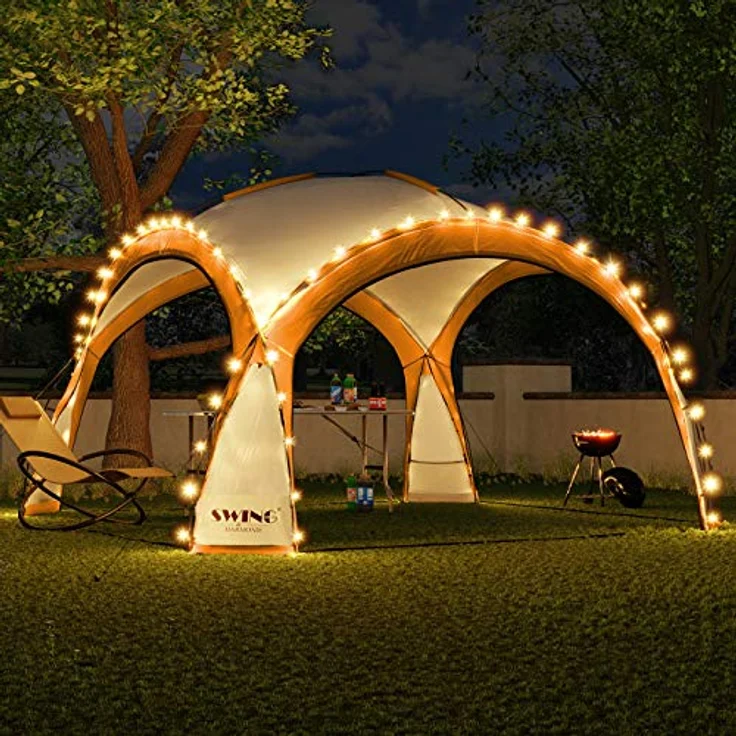 Swing & Harmonie LED Event Pavillon DomeShelter 3,6 x 3,6m mit Solarmodul, inkl. 96 LEDs, orange, wasserabweisend, UV-beständig, mit Moskito-Netz und blickdichten Seitenwänden – Bild 1