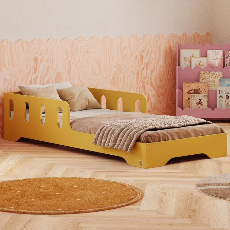 smartwood Kinderbett 80x160 cm in Gelb - Montessori Bodenbett mit Rausfallschutz & Lattenrost - Aus handbemaltem Sperrholz - Sicher für Jungen und Mädchen - Einfache Montage - TILA 6 – Bild 1