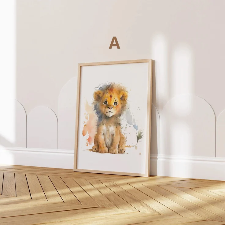 Poster Kinderzimmer Tiere Wald Dschungel Aquarell · Kinderzimmer Bilder · Wand Deko · Kunst Druck · Deko Print · ohne Rahmen - A Löwe / 40x50 cm