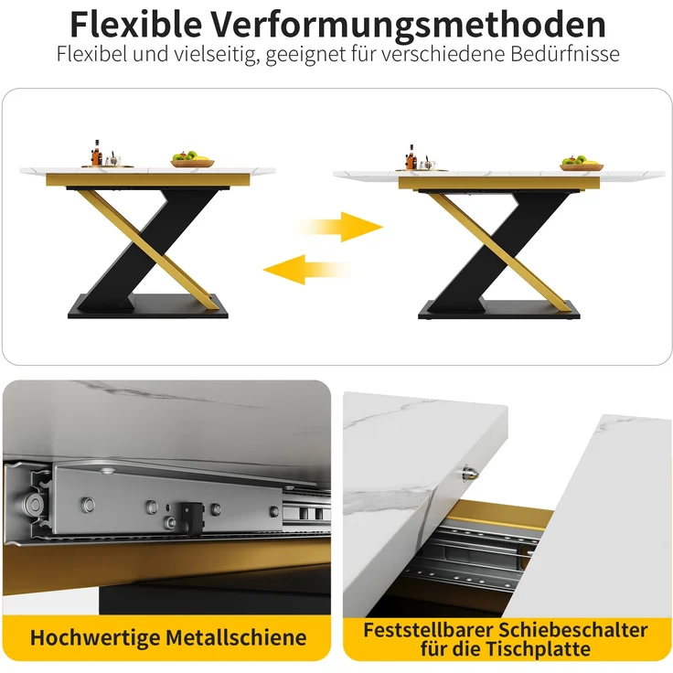 Ausziehbarer Esstisch 120-160x80x75,4 cm, Marmoroptik, goldene Kreuzbeine – Bild 9
