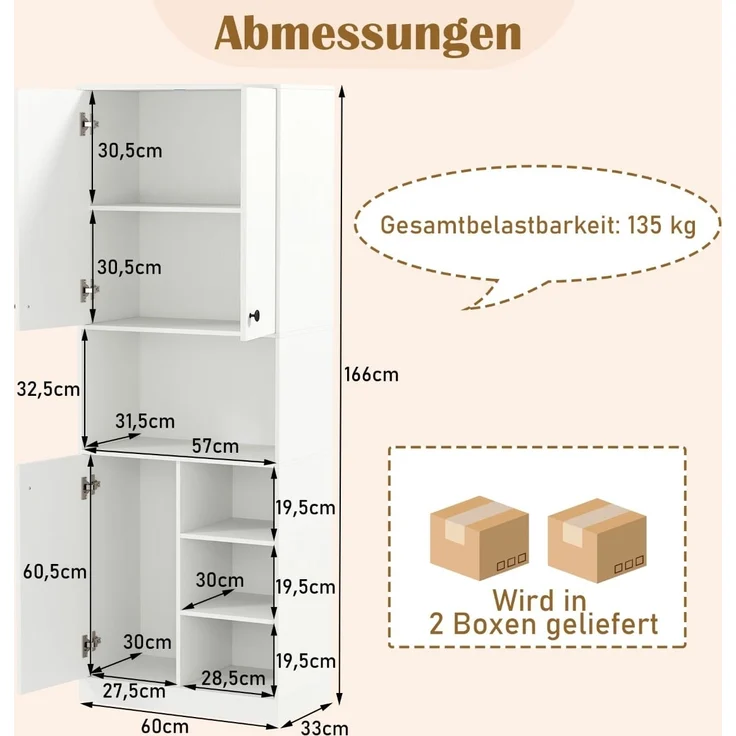 Küchenschrank mit 3 Türen & Offenen Regalen Buffetschrank mit Arbeitsplatte Hochschrank Weiß – Bild 2