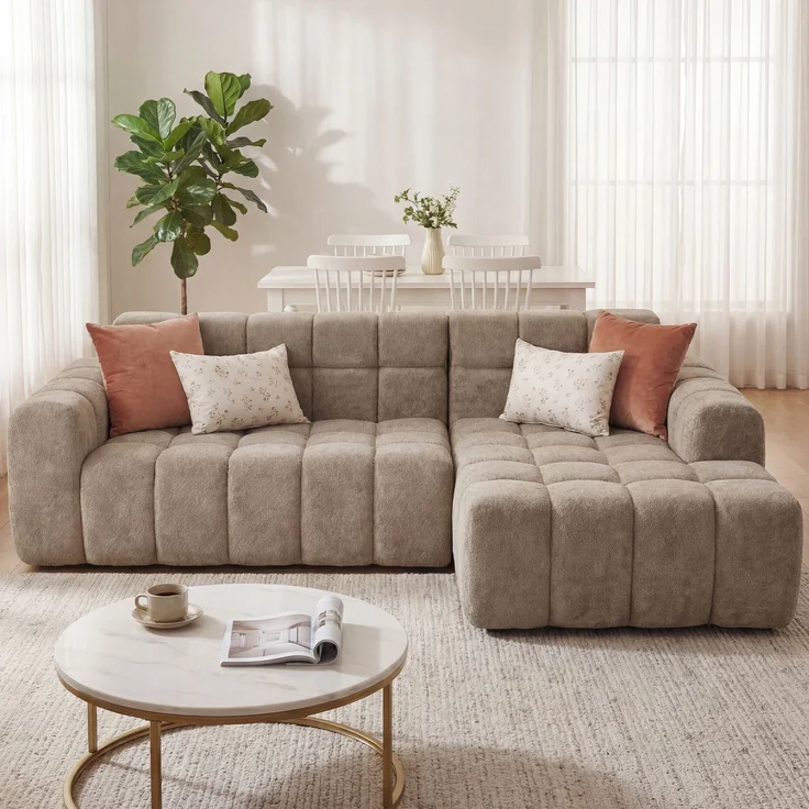 L-förmiges modulares Sofa aus Regen-Velours 250x125x60 cm in Khaki mit Kaltschaum – Bild 2