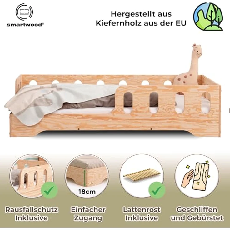 smartwood TILA 1L Kinderbett 70x140 | Montessori Bodenbett mit Lattenrost & Rausfallschutz | Für Jungen & Mädchen | Sicheres und Robustes Holzbett für Kinder ab 3 Jahren – Bild 4