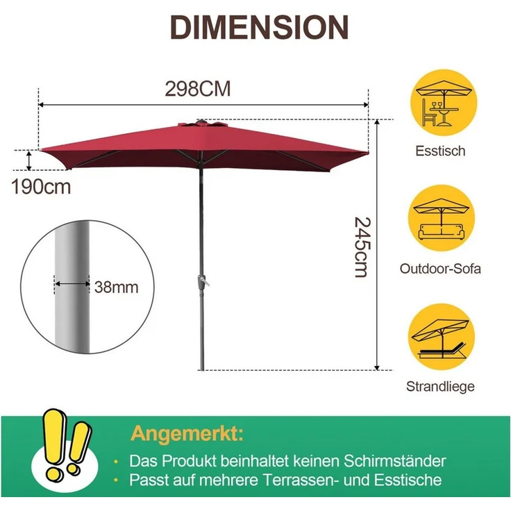 Clanmacy Sonnenschirm Sonnenschirm 200x300 cm knickbar Balkonschirm Gartenschirm UV50+ Rot, LxB: 300x200 cm, Stabiler knickbar/für Garten, Balkon, Terasse/Sonnenschutz – Bild 1