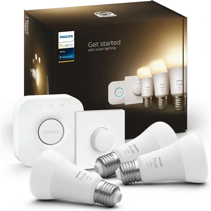 Philips Hue White E27 3er Starter Set inkl. Smart Button und Bridge, 3x1055lm, warmweißes Licht, dimmbar, steuerbar via App, kompatibel mit Amazon Alexa (Echo, Echo Dot)