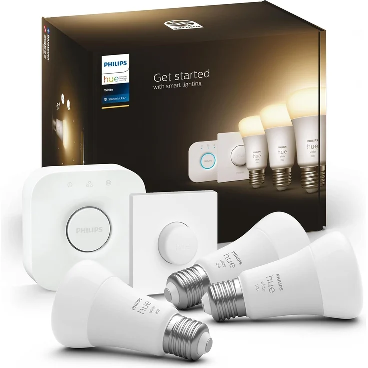 Philips Hue White E27 3er Starter Set inkl. Smart Button und Bridge, 3x1055lm, warmweißes Licht, dimmbar, steuerbar via App, kompatibel mit Amazon Alexa (Echo, Echo Dot) – Bild 1