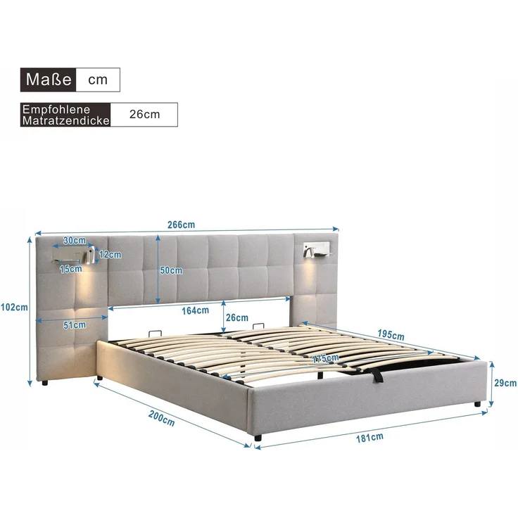 Polsterbett mit LED-Beleuchtung, Wireless Charger und Stauraum, extra breites Kopfteil mit Spots, Type-C und USB Anschlüssen, 180x200 cm, gepolsterter Kopfteil, Doppelbett, Stauraumbett, Leinen – Bild 6