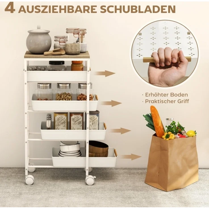 Küchenwagen aus Metall, 4 Schubladen & Rollen, 39,5x24x82 cm, Weiß – Bild 6