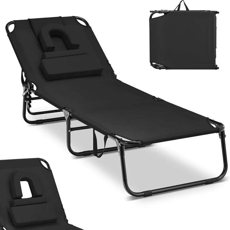 COSTWAY Sonnenliege mit Gesichtsöffnung, klappbare Gartenliege mit 3 abnehmbaren Kissen und 5-Fach Verstellbarer Rückenlehne, Strandliege Liegestuhl für Garten und Poolbereich (Schwarz)