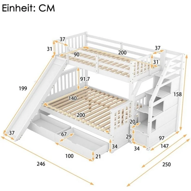 Flieks Etagenbett, Kiefer Kinderbett mit Stauraumtreppe und Schubladen 90x200cm+140x200cm – Bild 4