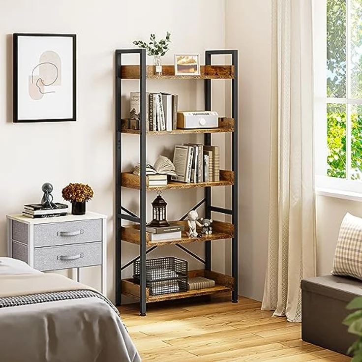 YITAHOME Bücherregal 5 Etagen, Bodenstehendes Bücherregal, Holzregal und stabiles Stahlrahmenregal mit 4 Haken Industrielles Lagerregal für Wohnzimmer, Heimbüro, Vintagebraun – Bild 4