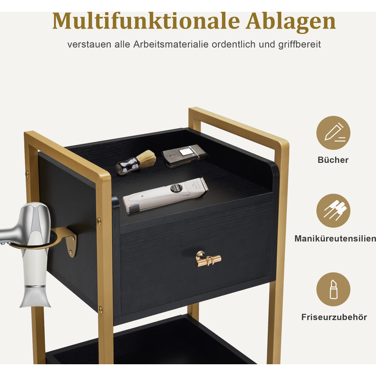 M MCombo Friseurwagen mit Rollen & 3 Schubladen, Rollwagen Servierwagen, Salon Trolley mit 2 Ablagen & Föhnhalter, Moderner Arbeitswagen für Bad Wohnzimmer, 30x40x95cm, 0022 (Schwarz-Gold) – Bild 3