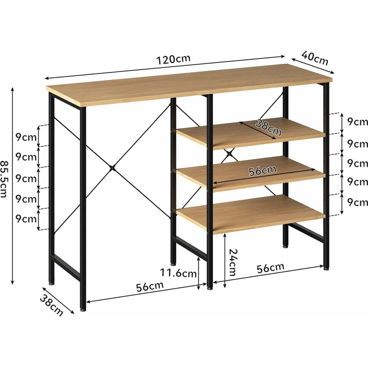 ZUBALIYA Ablagetisch 120 x 40 x 85,5 cm – flexibel montierbare Regale, Metallrahmen mit X-Verstrebung, höhenverstellbare Standfüße, MDF, Metall, Schwarz, Naturfarben – Bild 7