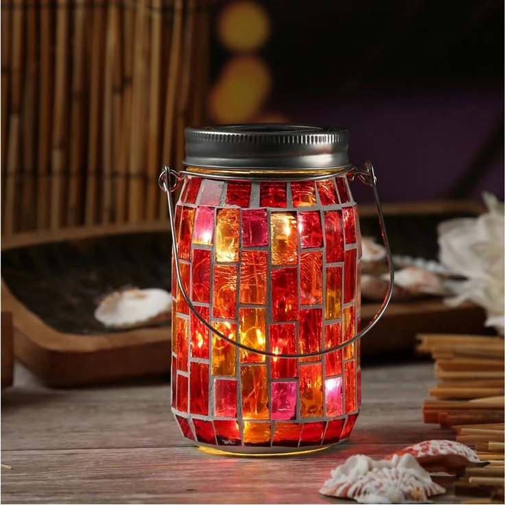 MARELIDA LED Solarleuchte LED Solar Glas Einmachglas mit Mosaik Tischleuchte Lichtsensor rot, LED Classic, warmweiß (2100K bis 3000K) – Bild 1