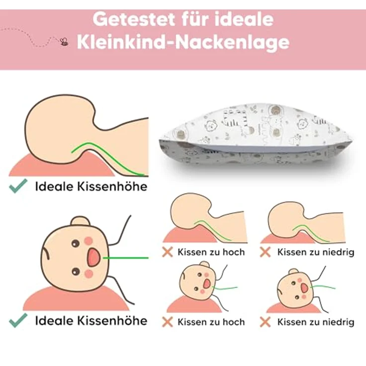 Kopfkissen Kleinkind mit Kissenbezug - Weich Bio Baumwolle Kissen Kinder zum Schlafen - Waschbar Kleinkind Kopfkissen - Kinderkopfkissen für Kleinkinder (KeaSafari) – Bild 7