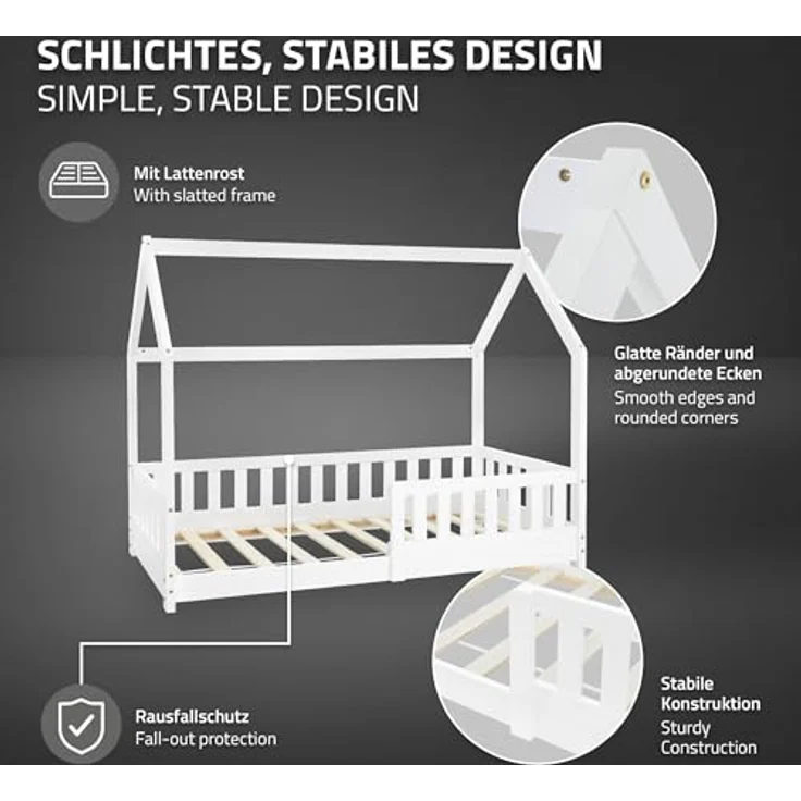 ML-DESIGN Kinderbett Hausbett Spielbett inkl. Lattenrost kreativ Bodenbett für Kinder, Abenteuerbett mit Rausfallschutz Spielbett Kiefer Weiß Himmelbett – Bild 6
