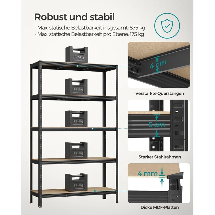Songmics Schwerlastregal mit 5 Ablagen, Stahl / MDF, Schwarz, 200 x 60 x 120 cm – Bild 4