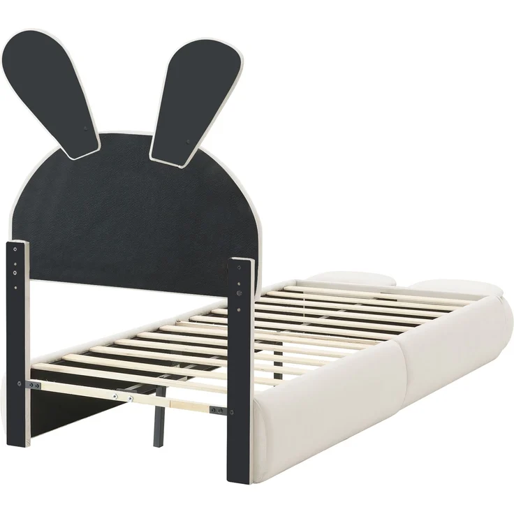 Polsterbett 90×200 mit Hasenohren & dimmbarem LED-Licht, Samtbezug Beige, inkl. Aufbewahrungshockern Einzelbett – Bild 10