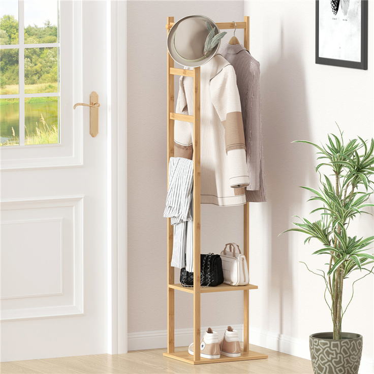 UNHO Garderobenständer freistehender Kleiderständer Herrendiener aus Bambus Beige 38 x 30 x 155 cm – Bild 2