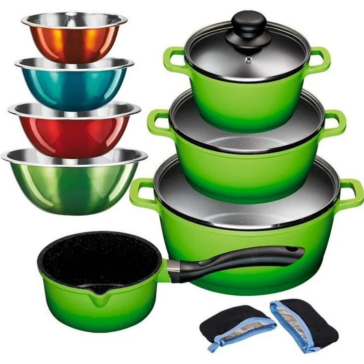 KING Topf-Set ALUGUSS, Aluminiumguss (Set, 13-tlg, je 1 Kochtopf 16/20/24 cm, 1x Stieltopf 16 cm, 4 Schüsseln, Grips), Glasdeckel,Induktion,Keramikantihaftbeschichtung – Bild 2