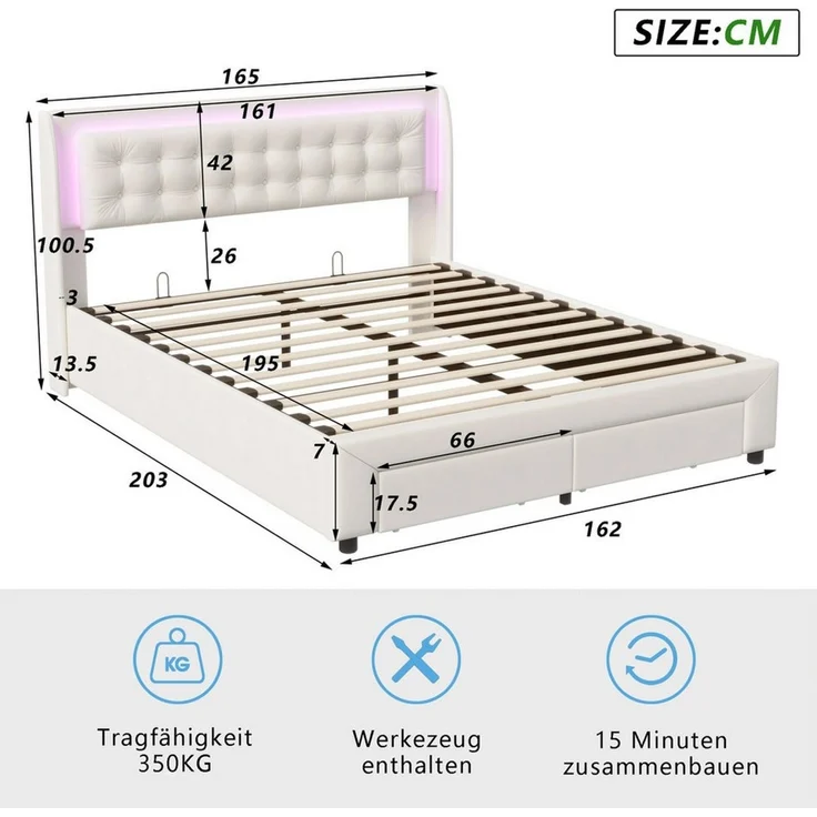 PXloue Polsterbett Polsterbett mit Stauraum und RGB-LED-Beleuchtung, beige Samt, Mit Gasdruckfedern, dimmbarer LED und Stauraum. – Bild 3