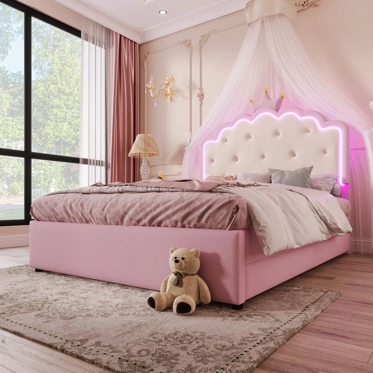 Polsterbett, 140 x 200 cm, mit Lattenrost (ohne Matratze), Ambiente-Beleuchtung mit Fernbedienung, Kronprinzessinnenform, Ausziehbett, 2 Schubladen, Material PU, Rosa – Bild 6