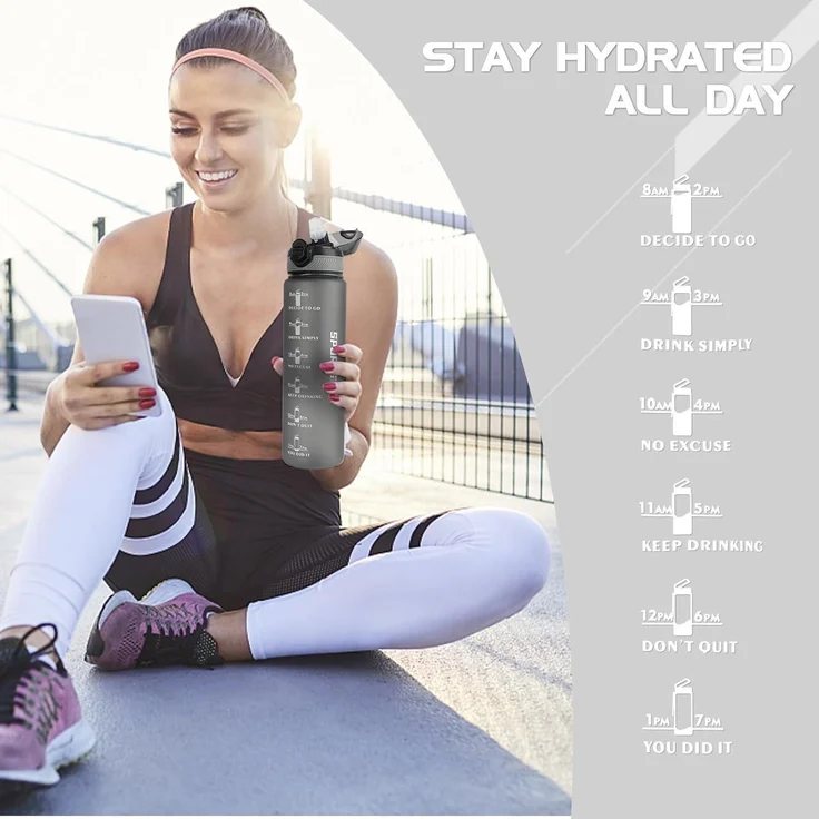 Sport Trinkflasche 1L BPA-frei mit Stroh Mattgrau Zeitmarkierungen – Bild 6