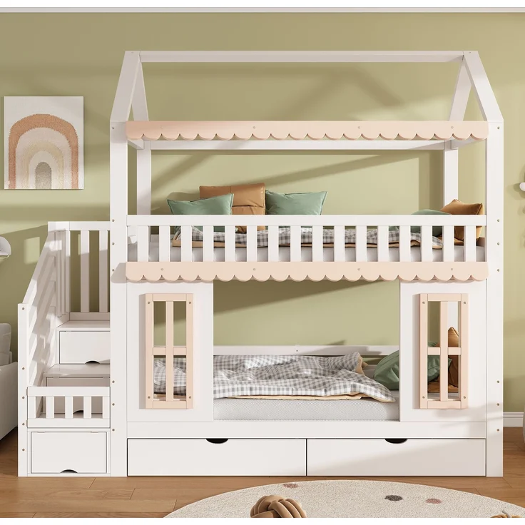 ZUBALIYA Etagenbett, Kinderbett, Hausform, Seitlicher Stauraumschrank mit Leiter, 2 Schubladen, Dekorative Holzfenster und Zierleisten, Kiefer+MDF, Weiß+Natur, 90x200 cm, Natur / Weiß – Bild 3