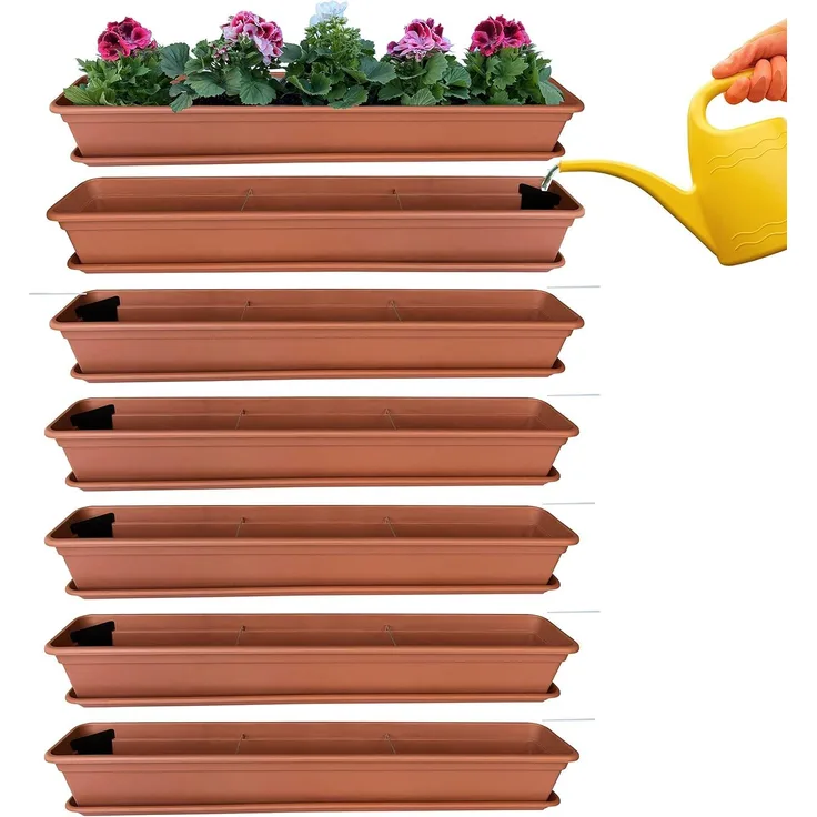 6er Blumenkasten Set Balkonkasten Pflanzkasten Terracotta mit Bewässerungssystem und Balkonkasten Untersetzer 100cm