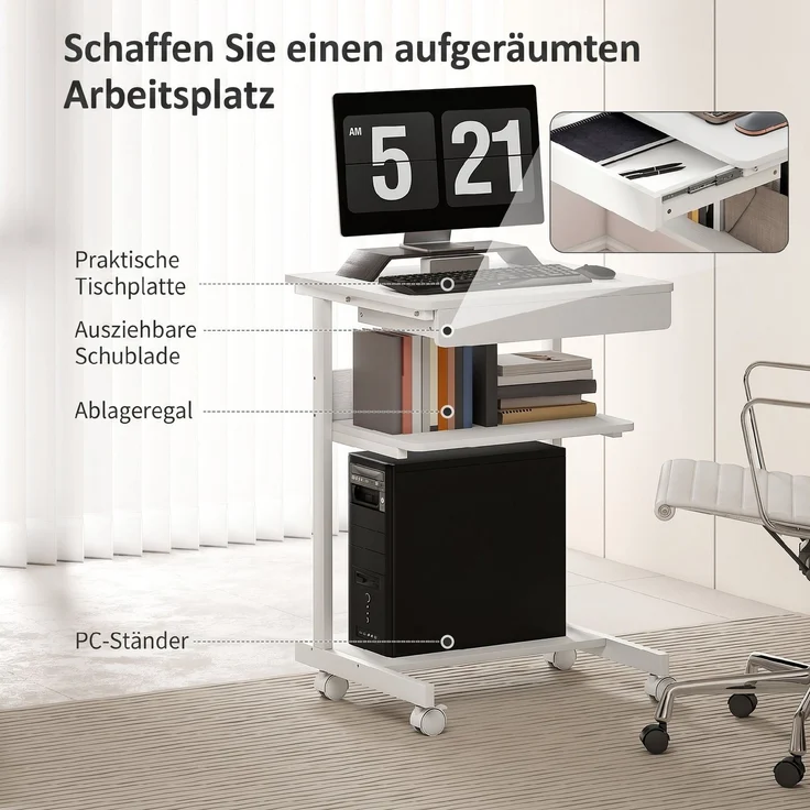 MELAYR, Roll-Schreibtisch mit Schublade und Regalen, 4 Räder, kompakt, Spanplatte, Metall, 56 x 51 x 79 cm, Weiß – Bild 6