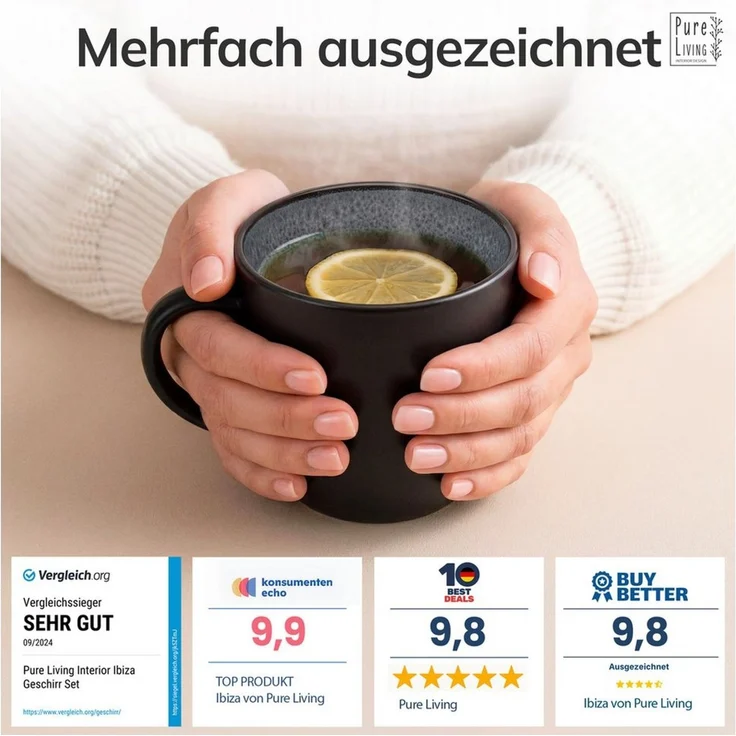 Steingut Kaffeetassen 6 Personen Ibiza TESTSIEGER, Traumhaftes Mediterranes Steingut Tassen Set, Stylisches Tee- und Kaffeebecher Set, Pure Living in Grau – Bild 3