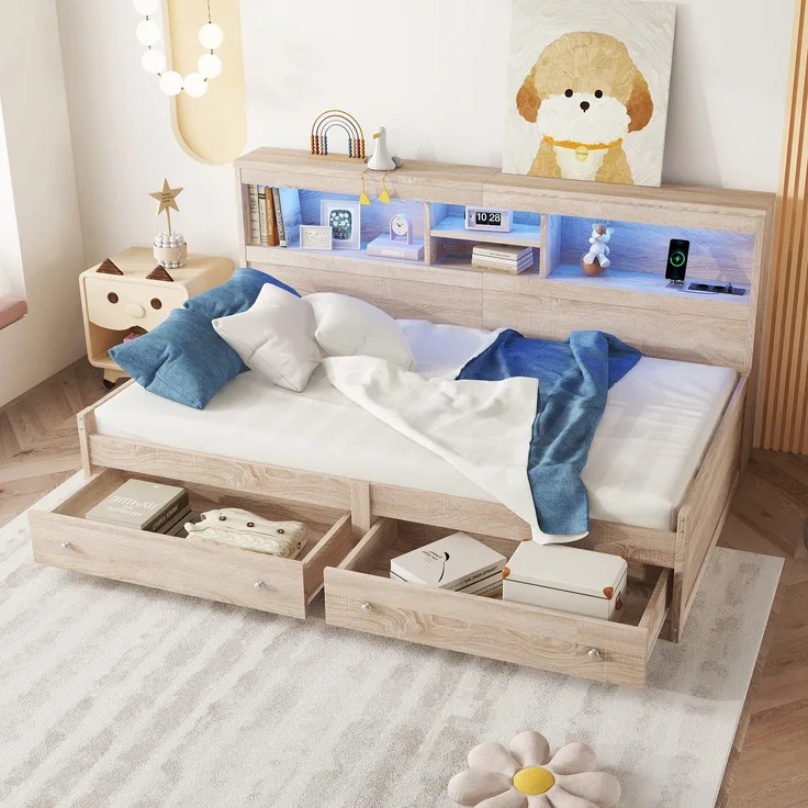 Holzbett mit LED-Beleuchtung und Stauraum, 90x200 cm, Einzelbett mit Mehrfachsteckdose und Lattenrost, Jugendbett