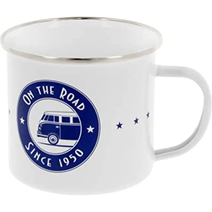 Brisa VW Collection VW T1 Bulli Bus Kaffeetasse emailliert, weiß,blau Motiv: On The Road Since 1950
