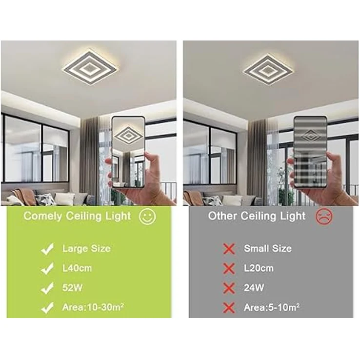 Comely Deckenleuchte Quadrat 52W 4500K Deckenlampe Acryl Beleuchtung Modernes Design Flimmerfrei Schlafzimmer Wohnzimmer Flur Natürliche Beleuchtung Lampe 40cm. – Bild 7