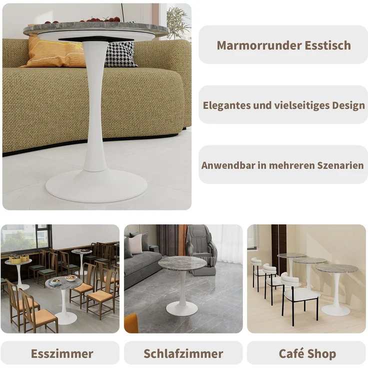 Novelux Runder Esstisch 70 cm Weißer Couchtisch Mid-Century Tisch für 2-4 Personen – Marmor Optik Tischplatte dunkelgraue Adern, Kompakter Bistrotisch – Bild 4