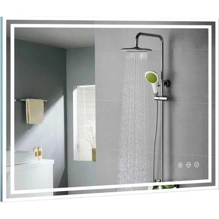Gimbelen LED Badspiegel 80x60 cm, rechteckig, dimmbar mit 3 Lichtfarben & Anti-Beschlag, integrierte Steckdosen, explosionsgeschütztes Glas, IP44, für Badezimmer, Silber