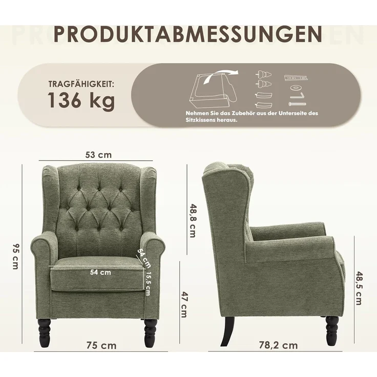 COLAMY Mid-Century Modern Sessel Wohnzimmer, Gepolsterter Wingback-Sessel mit Knopfsteppung, loungesessel Bezug aus Gewebe mit Massivholzbeinen für Wohnzimmer, Büro, Café - Grün – Bild 2