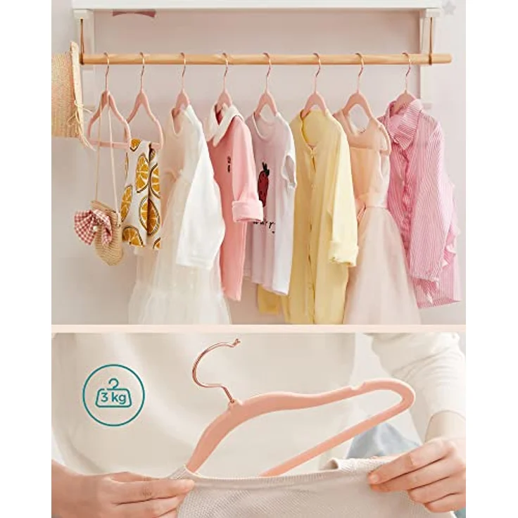 SONGMICS Kinderkleiderbügel, 50er Set Kleiderbügel Kinder, Baby-Kleiderbügel, Bügel Samt, 360° drehbarer Haken in Roségold, platzsparend, rutschfest, für Kleiderschrank, pastellrosa CRF027P01 – Bild 6