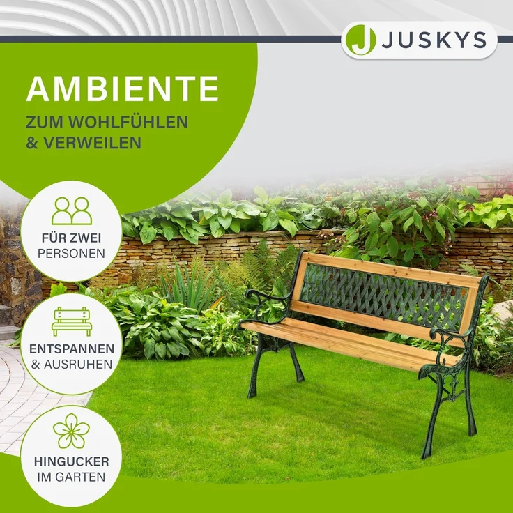 Juskys Gartenbank Pisa – 2-Sitzer Holzbank mit Armlehnen & Rückenlehne – wetterfeste Sitzbank 122x54x73 cm - Seitenelemente aus Gusseisen – Bild 7