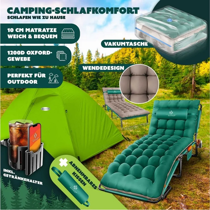 KESSER® Campingbett klappbar mit Tragetasche, Nackenkissen, Vakuumtasche & Getränkehalter, 190 x 68 x 30 cm bis 250 kg belastbar, aus Oxford-Gewebe und stabilem Stahlgerüst, ideal für Garten Camping Taupe / Grün – Bild 2