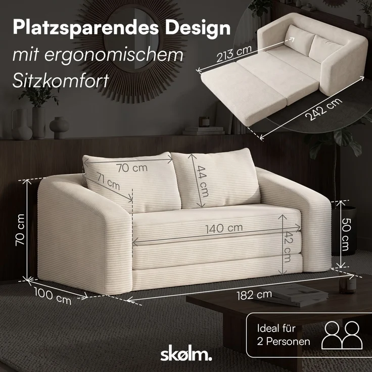 skølm 'Fjäll' Schlafsofa 2 Sitzer mit 2 Kissen, beige, Cordsofa ausklappbar, mit Liegefunktion, vakuumverpackt ohne Aufbau – Bild 9