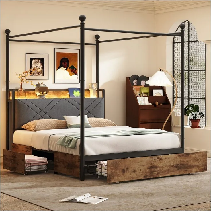 STILVORA Stauraumbett 140x190 mit Schublade&Baldachin,Eisenbett Bettgestell mit LED&USB (mit LED & USB/Typ-C, Stauraum, abnehmbarem Baldachin, Smart-Himmelbett 140x190 cm), ohne Matratze