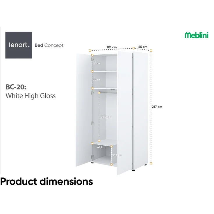 MEBLINI Kleiderschrank 2 Türig für Schrankbett Bed Concept - Drehtürenschrank mit Einlegeböden und Kleiderstange - BC-20 - Weiß Hochglanz/Weiß – Bild 5