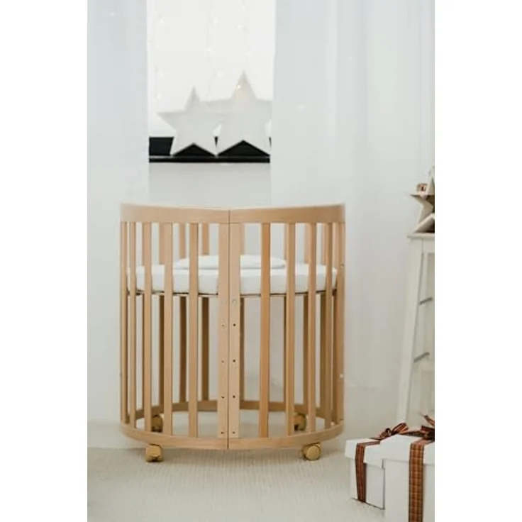 Waldin Oval Babybett Mitwachsend Komplett Set 7in1 - Baby Gitterbett mit Matratze - Babybetten mit Wickelkommode - Baby Bett mit Rollen - Mitwachsendes Kinderbett - Baby Bed - Beistellbett Holz – Bild 6