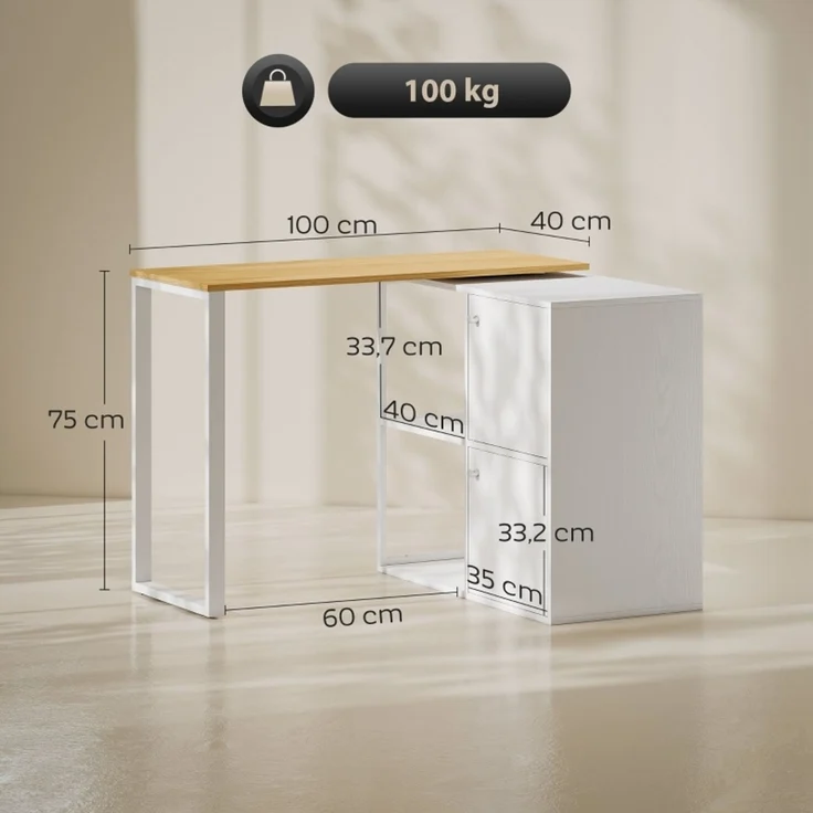 Schreibtisch drehbar, 105 x 85 x 75 / 150 x 40 x 75 / 100 x 40 x 75 cm, Weiß mit Naturholzoptik und Stauraum – Bild 7
