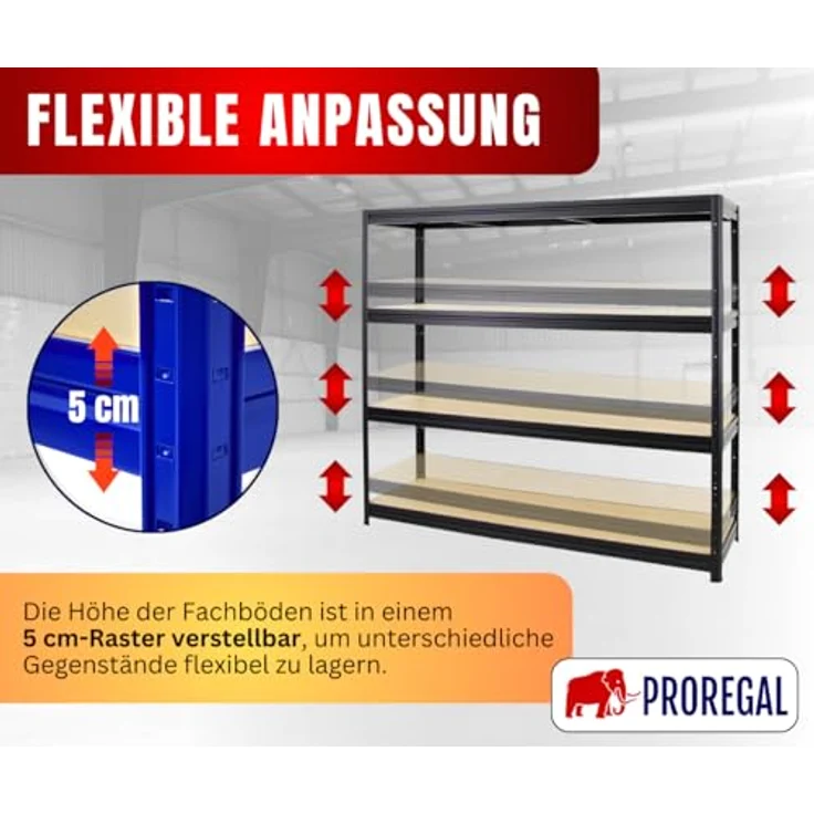 PROREGAL Schwerlastregal Dino Extra Breit 180 x 200 x 60 cm Fachlast 500kg Schwarz, Garagenregal, Lagerregal, Steckregal, Weitspannregal – Bild 5