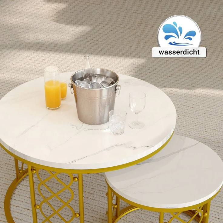 2er-Set Couchtisch nestbar 70x70x45 + 45x45x37 cm, Weiß Marmoroptik, Metallgestell Gold – Bild 5