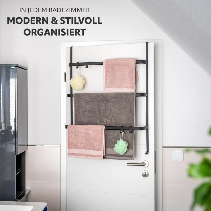 Tür-Hängeregal aus Metall, 3 Handtuchstangen und 4 Haken, schwarz – Bild 2